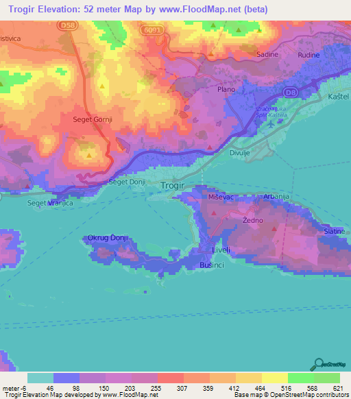 Trogir,Croatia Elevation Map