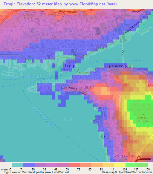 Trogir,Croatia Elevation Map