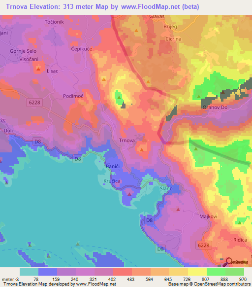 Trnova,Croatia Elevation Map