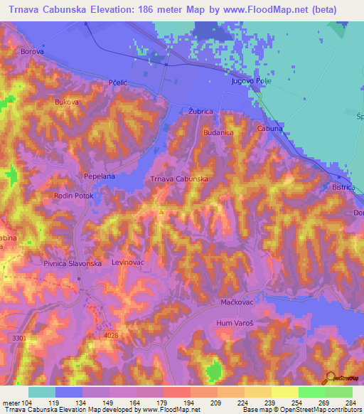 Trnava Cabunska,Croatia Elevation Map