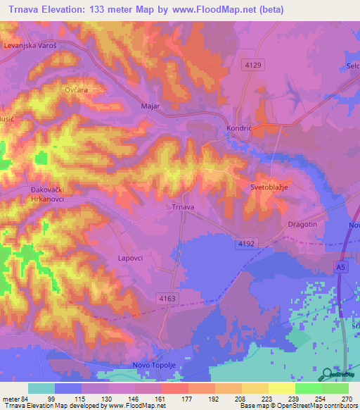 Trnava,Croatia Elevation Map