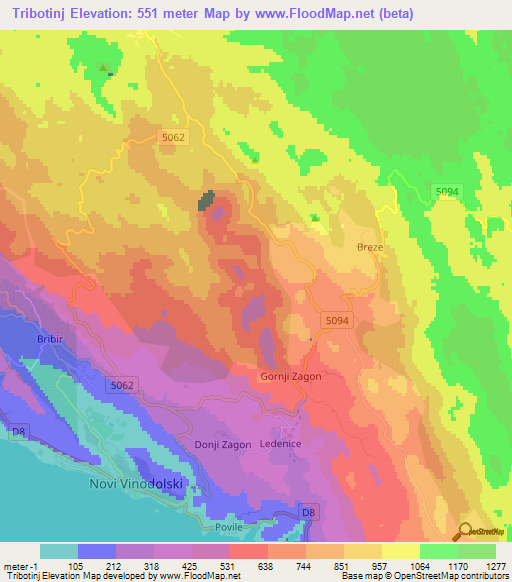 Tribotinj,Croatia Elevation Map