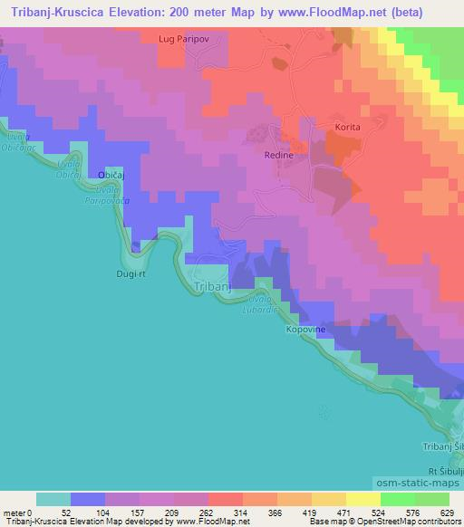 Tribanj-Kruscica,Croatia Elevation Map