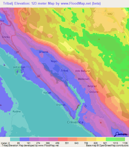 Tribalj,Croatia Elevation Map