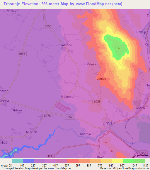 Trbounje,Croatia Elevation Map