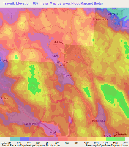 Travnik,Slovenia Elevation Map