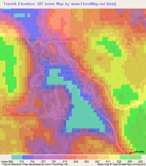 Travnik,Slovenia Elevation Map