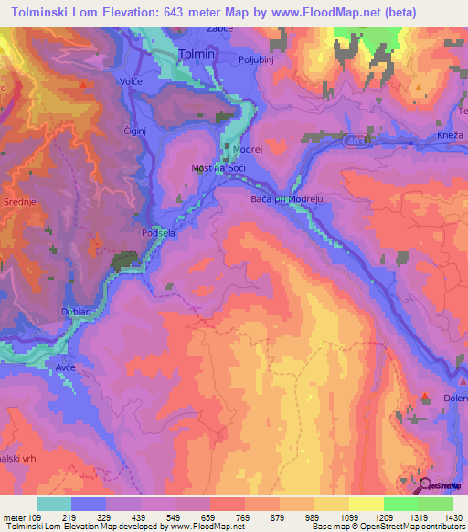 Tolminski Lom,Slovenia Elevation Map