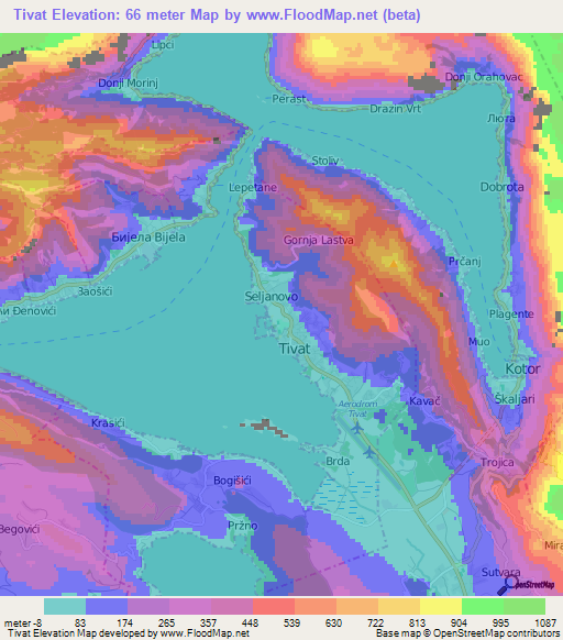 Tivat,Montenegro Elevation Map