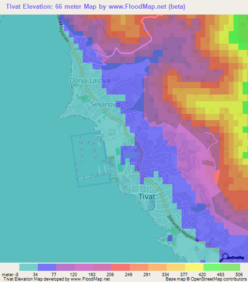 Tivat,Montenegro Elevation Map