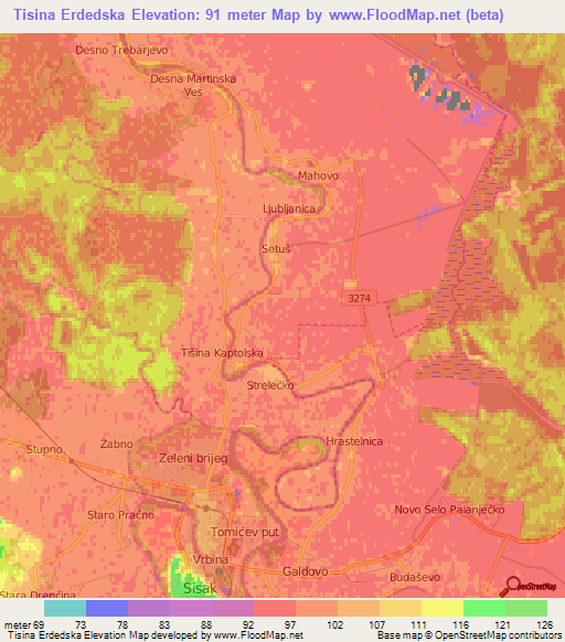 Tisina Erdedska,Croatia Elevation Map