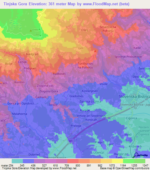 Tinjska Gora,Slovenia Elevation Map