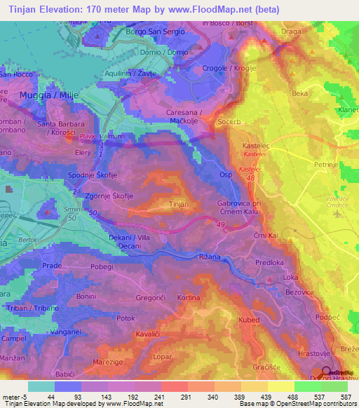 Tinjan,Slovenia Elevation Map