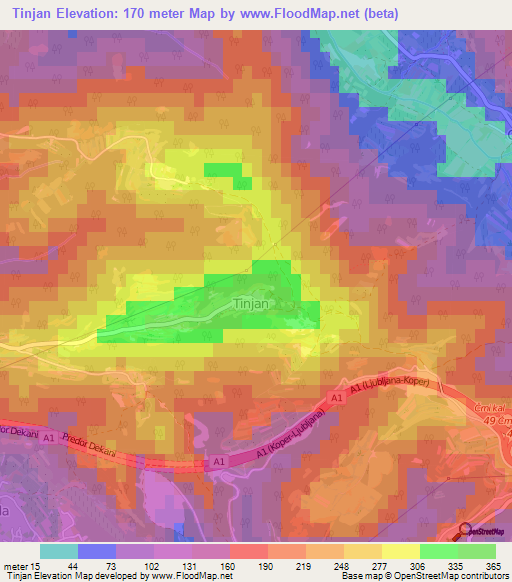 Tinjan,Slovenia Elevation Map