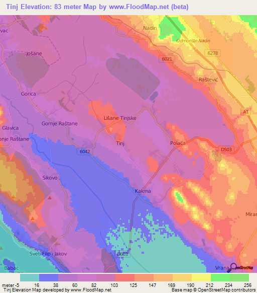 Tinj,Croatia Elevation Map