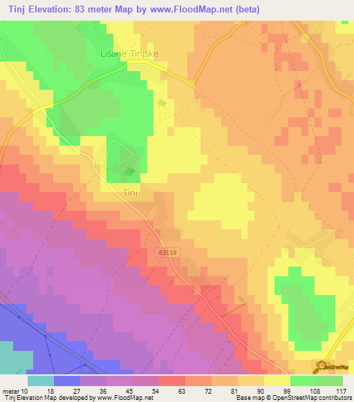 Tinj,Croatia Elevation Map