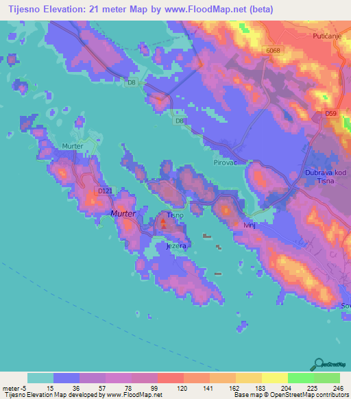 Tijesno,Croatia Elevation Map