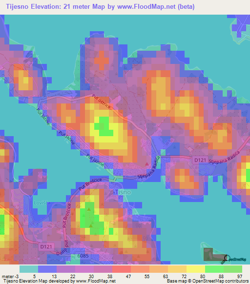 Tijesno,Croatia Elevation Map