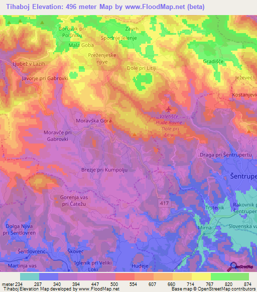 Tihaboj,Slovenia Elevation Map