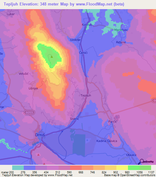 Tepljuh,Croatia Elevation Map