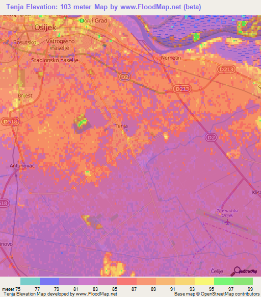 Tenja,Croatia Elevation Map