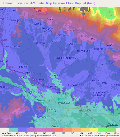 Tatinec,Slovenia Elevation Map