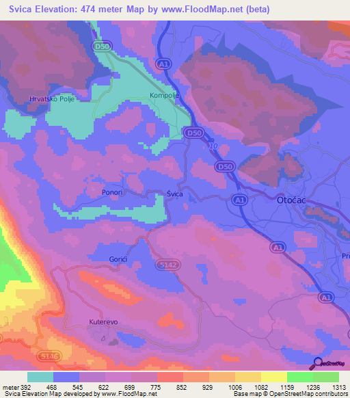 Svica,Croatia Elevation Map