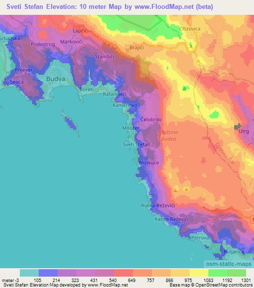 Sveti Stefan,Montenegro Elevation Map