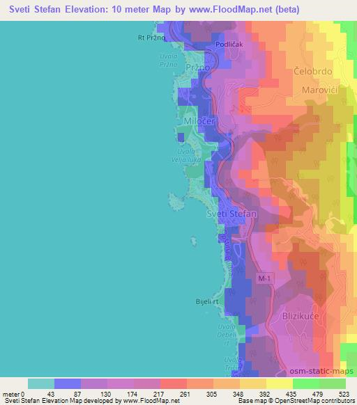 Sveti Stefan,Montenegro Elevation Map