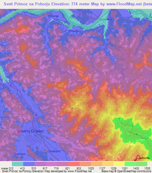 Sveti Primoz na Pohorju,Slovenia Elevation Map