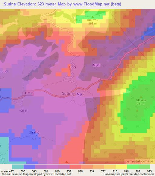 Sutina,Croatia Elevation Map