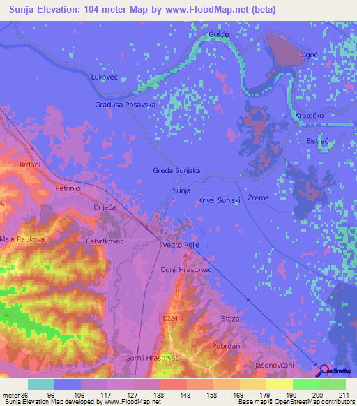 Sunja,Croatia Elevation Map