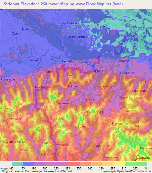 Strigova,Croatia Elevation Map