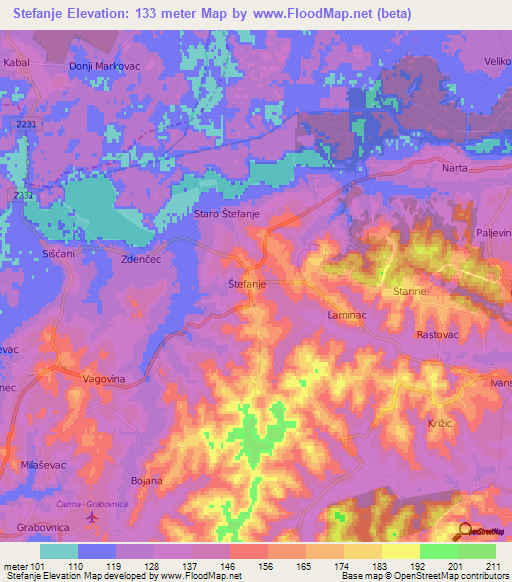 Stefanje,Croatia Elevation Map