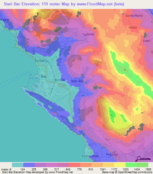 Stari Bar,Montenegro Elevation Map