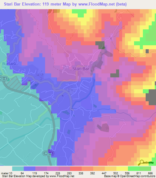 Stari Bar,Montenegro Elevation Map
