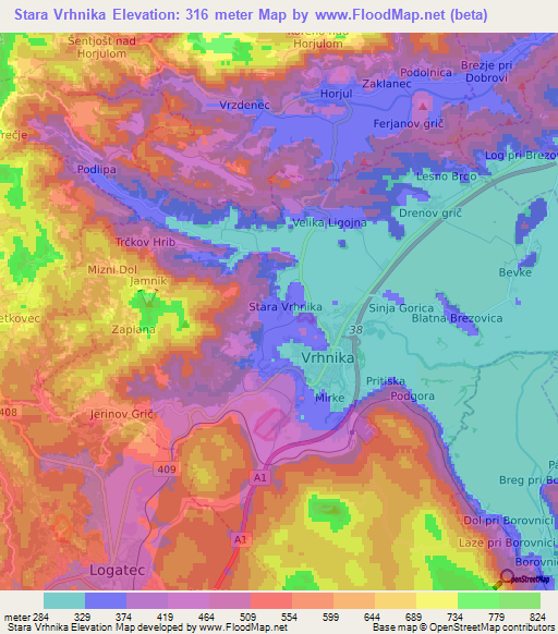 Stara Vrhnika,Slovenia Elevation Map