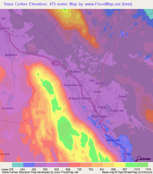 Stara Cerkev,Slovenia Elevation Map