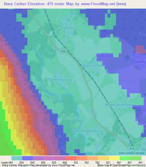 Stara Cerkev,Slovenia Elevation Map