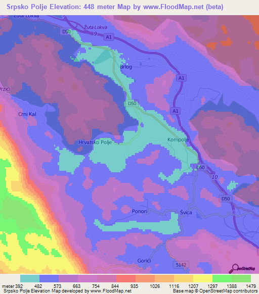 Srpsko Polje,Croatia Elevation Map