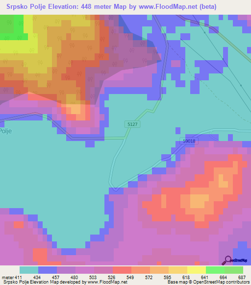 Srpsko Polje,Croatia Elevation Map