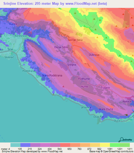 Srinjine,Croatia Elevation Map