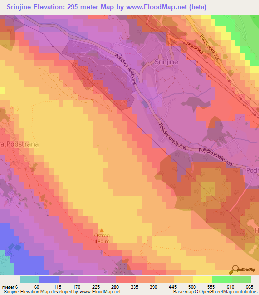 Srinjine,Croatia Elevation Map