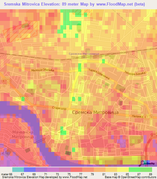 Sremska Mitrovica,Serbia Elevation Map