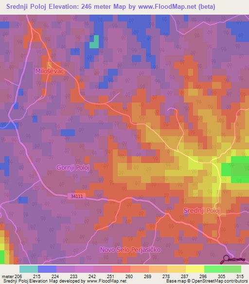 Srednji Poloj,Croatia Elevation Map