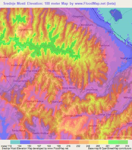 Srednje Mosti,Croatia Elevation Map