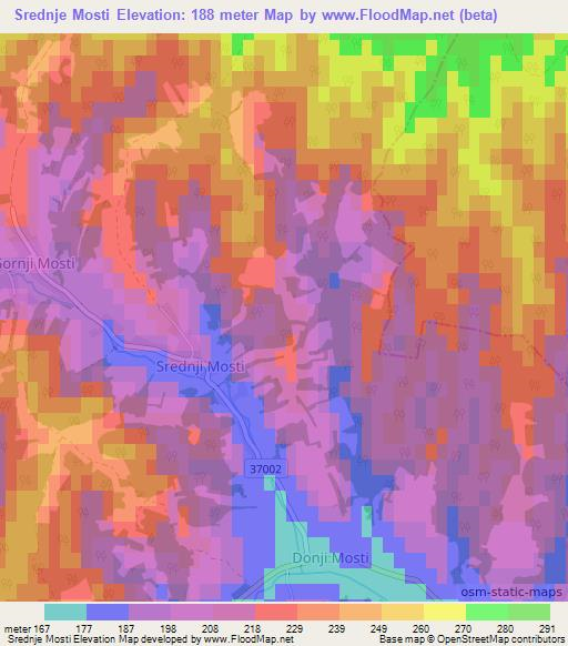 Srednje Mosti,Croatia Elevation Map