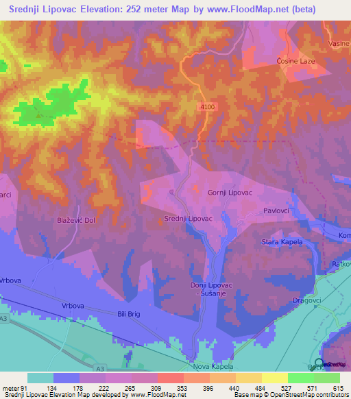 Srednji Lipovac,Croatia Elevation Map