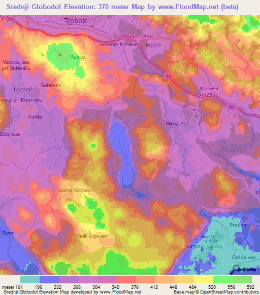 Srednji Globodol,Slovenia Elevation Map