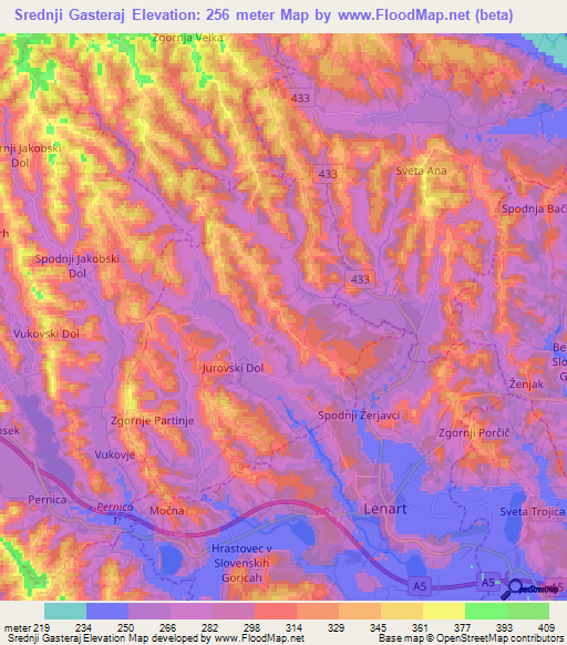 Srednji Gasteraj,Slovenia Elevation Map